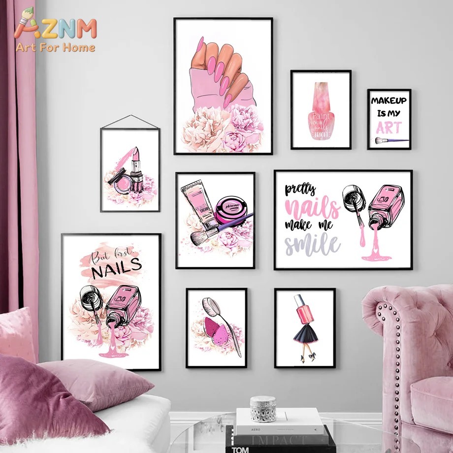 Makeup Is Beauty Quotes - AZNM Pembe Tırnak Makyajı Kanvas Tablo,